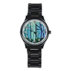 Nature Outdoors Night Trees Scene Forest Woods Light Moonlight Wilderness Stars Stainless Steel Round Watch by Posterlux