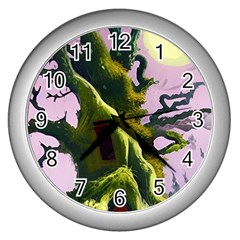 Outdoors Night Full Moon Setting Scene Woods Light Moonlight Nature Wilderness Landscape Wall Clock (silver)