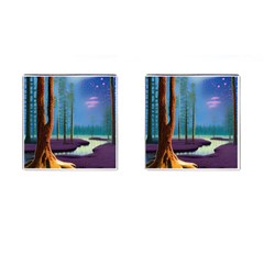 Artwork Outdoors Night Trees Setting Scene Forest Woods Light Moonlight Nature Cufflinks (square) by Posterlux