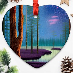 Artwork Outdoors Night Trees Setting Scene Forest Woods Light Moonlight Nature Heart Ornament (two Sides)