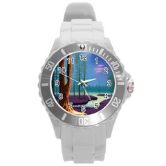 Artwork Outdoors Night Trees Setting Scene Forest Woods Light Moonlight Nature Round Plastic Sport Watch (l) by Posterlux