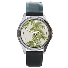 Watercolor Leaves Branch Nature Plant Growing Still Life Botanical Study Round Metal Watch