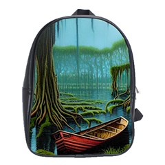 Boat Canoe Swamp Bayou Roots Moss Log Nature Scene Landscape Water Lake Setting Abandoned Rowboat Fi School Bag (xl)