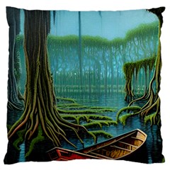 Boat Canoe Swamp Bayou Roots Moss Log Nature Scene Landscape Water Lake Setting Abandoned Rowboat Fi Standard Premium Plush Fleece Cushion Case (two Sides) by Posterlux