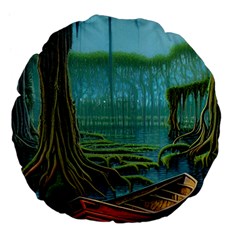 Boat Canoe Swamp Bayou Roots Moss Log Nature Scene Landscape Water Lake Setting Abandoned Rowboat Fi Large 18  Premium Flano Round Cushions by Posterlux