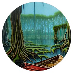 Boat Canoe Swamp Bayou Roots Moss Log Nature Scene Landscape Water Lake Setting Abandoned Rowboat Fi Round Trivet