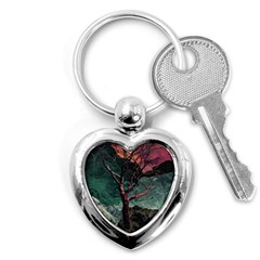 Night Sky Nature Tree Night Landscape Forest Galaxy Fantasy Dark Sky Planet Key Chain (heart)