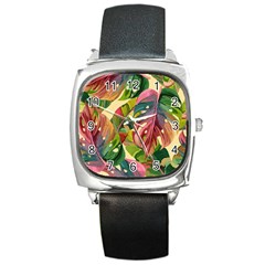 Monstera Colorful Leaves Foliage Square Metal Watch