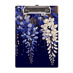 Solid Color Background With Royal Blue, Gold Flecked , And White Wisteria Hanging From The Top A5 Acrylic Clipboard by LyssasMindArtDecor