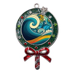 Waves Ocean Sea Abstract Whimsical Art Metal X mas Lollipop With Crystal Ornament by Maspions