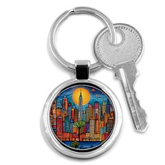 City New York Nyc Skyscraper Skyline Downtown Night Business Urban Travel Landmark Building Architec Key Chain (round) by Posterlux