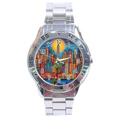 City New York Nyc Skyscraper Skyline Downtown Night Business Urban Travel Landmark Building Architec Stainless Steel Analogue Watch by Posterlux