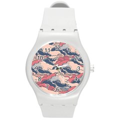 Waves Ocean Sea Water Pattern Rough Seas Digital Art Nature Nautical Round Plastic Sport Watch (m) by Bedest