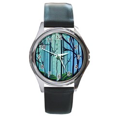 Nature Outdoors Night Trees Scene Forest Woods Light Moonlight Wilderness Stars Round Metal Watch by Grandong