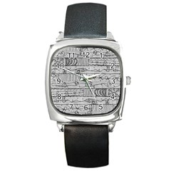 Black And White Hand Drawn Doodles Abstract Pattern Bk Square Metal Watch by dflcprintsclothing