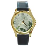 Banana Leaf Plant Pattern Round Gold Metal Watch Front