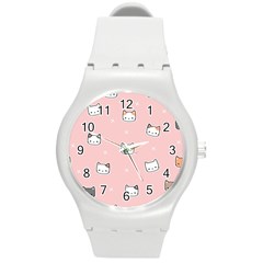 Cute Cat Cartoon Doodle Seamless Pink Pattern Round Plastic Sport Watch (m) by Grandong