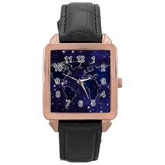 Blue World Map Starry Night Sky World Map Concept Art Rose Gold Leather Watch  by Loisa77