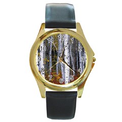 White Birch Trees Autumn Round Gold Metal Watch by Perong