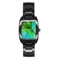 3d Leaves Texture Sheet Blue Green Stainless Steel Barrel Watch