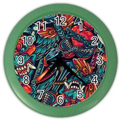 Vintage Tattoos Colorful Seamless Pattern Color Wall Clock