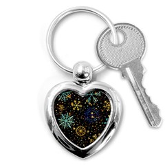 Gold Teal Snowflakes Gold Abstract Christmas Key Chain (heart)