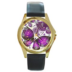 Purple Butterflies, Abstract, Floral, Flowers Round Gold Metal Watch