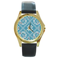 Blue Winter Knitted Texture, Blue Winter Background, Knitted Texture Round Gold Metal Watch