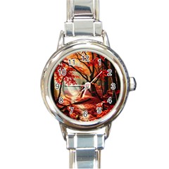 Forest Path Red Nature Round Italian Charm Watch by Bedest