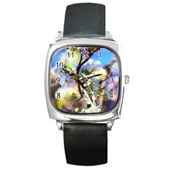 Springtime Pear Tree Blossoms Square Metal Watch by ExtraGoodSauce