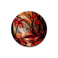 Forest Path Red Nature Rubber Coaster (round) by Bedest