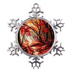 Forest Path Red Nature Metal Large Snowflake Ornament by Bedest