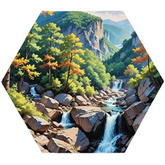 Serene Mountain Waterfall Landscape Wooden Puzzle Hexagon by ExtraGoodSauce