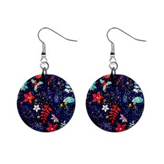 Festive Floral Pattern Christmas Blue Floral Flower Foliage Leaves Pattern Red Snow Winter Mini Button Earrings