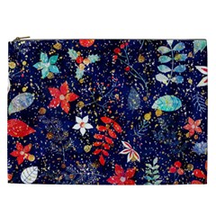 Festive Floral Pattern Christmas Blue Floral Flower Foliage Leaves Pattern Red Snow Winter Cosmetic Bag (xxl) by Maspions