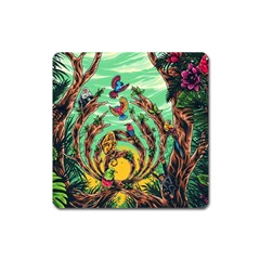 Monkey Tiger Bird Parrot Forest Jungle Style Square Magnet