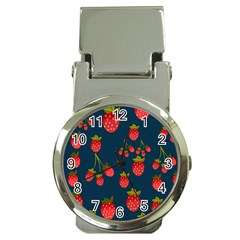 Strawberry Texture, Blue Background With Strawberries Money Clip Watches by kyorashop23