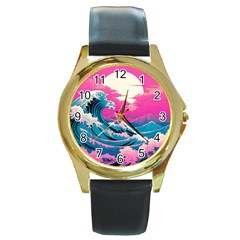 Waves Mountains Sky Round Gold Metal Watch