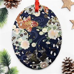 Japanese Wave Koi Illustration Pattern Oval Filigree Ornament (two Sides) by Ndabl3x