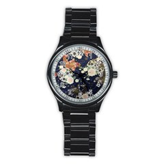 Japanese Wave Koi Illustration Pattern Stainless Steel Round Watch