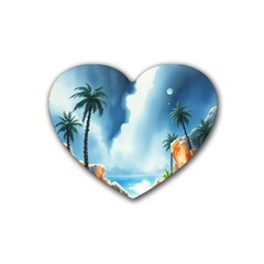 Delicate Watercolor Painting Surreal Oasis Scene With Intense Dramatic Lighting Rubber Heart Coaster (4 Pack)