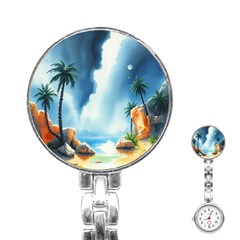 Delicate Watercolor Painting Surreal Oasis Scene With Intense Dramatic Lighting Stainless Steel Nurses Watch