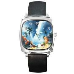 Delicate Watercolor Painting Surreal Oasis Scene With Intense Dramatic Lighting Square Metal Watch