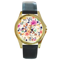 Abstract Floral Background Round Gold Metal Watch