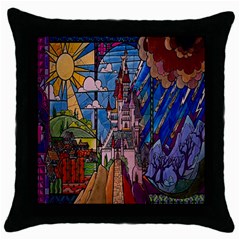 Castle Building Stained Glass Throw Pillow Case (black) by Cemarart