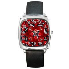 Mid Century Retro Floral 1970s 1960s Pattern 105 Square Metal Watch by violetheavensky