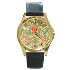 Retro 40s 50s Mexico Flowers Pattern 3 Round Gold Metal Watch