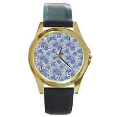 Blue Roses Round Gold Metal Watch