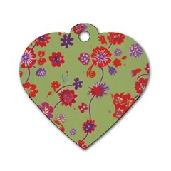 Mid Century Retro Floral 1970s 1960s Pattern 76 Dog Tag Heart (two Sides) by violetheavensky