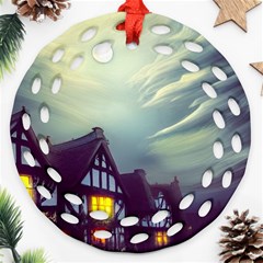 Village Moon Cloudy Historical Tudor Architecture Houses Town Night Windows City Ornament (round Filigree)